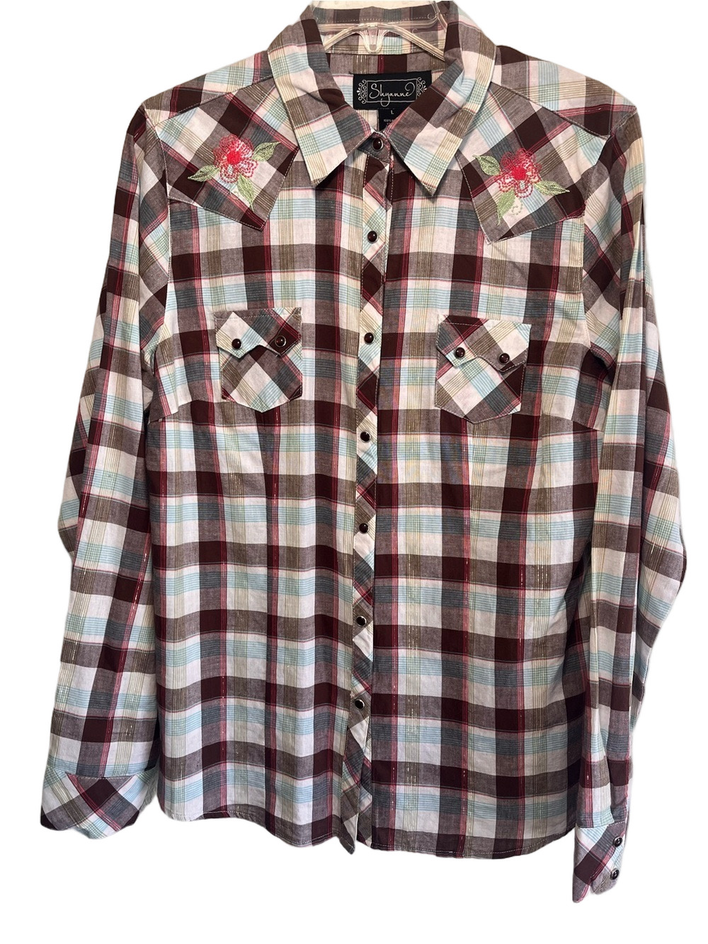 Shyanne Western Plaid Button-Down Shirt Multicolor Cotton Black Snap Metallic L